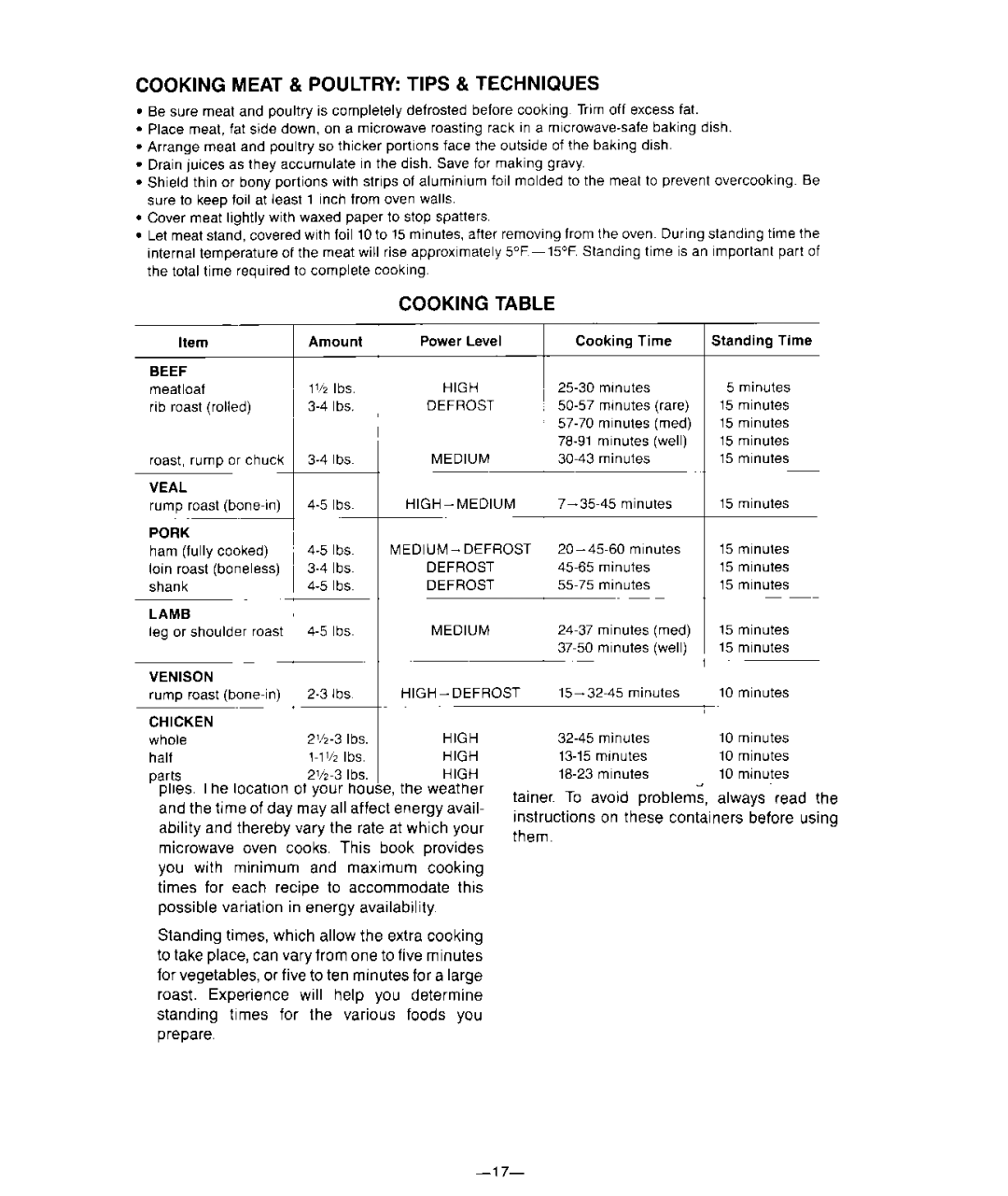 Whirlpool MCE04XW warranty Cooking Meat & Poultry Tips & Techniques, Defrost 