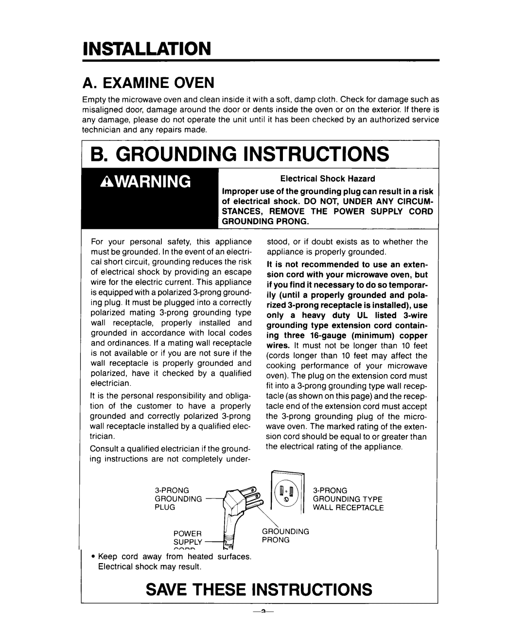 Whirlpool MCE04XW warranty Installation, STANCES, Remove the Power Supply Cord Grounding Prong, Prong Grounding, Plug 