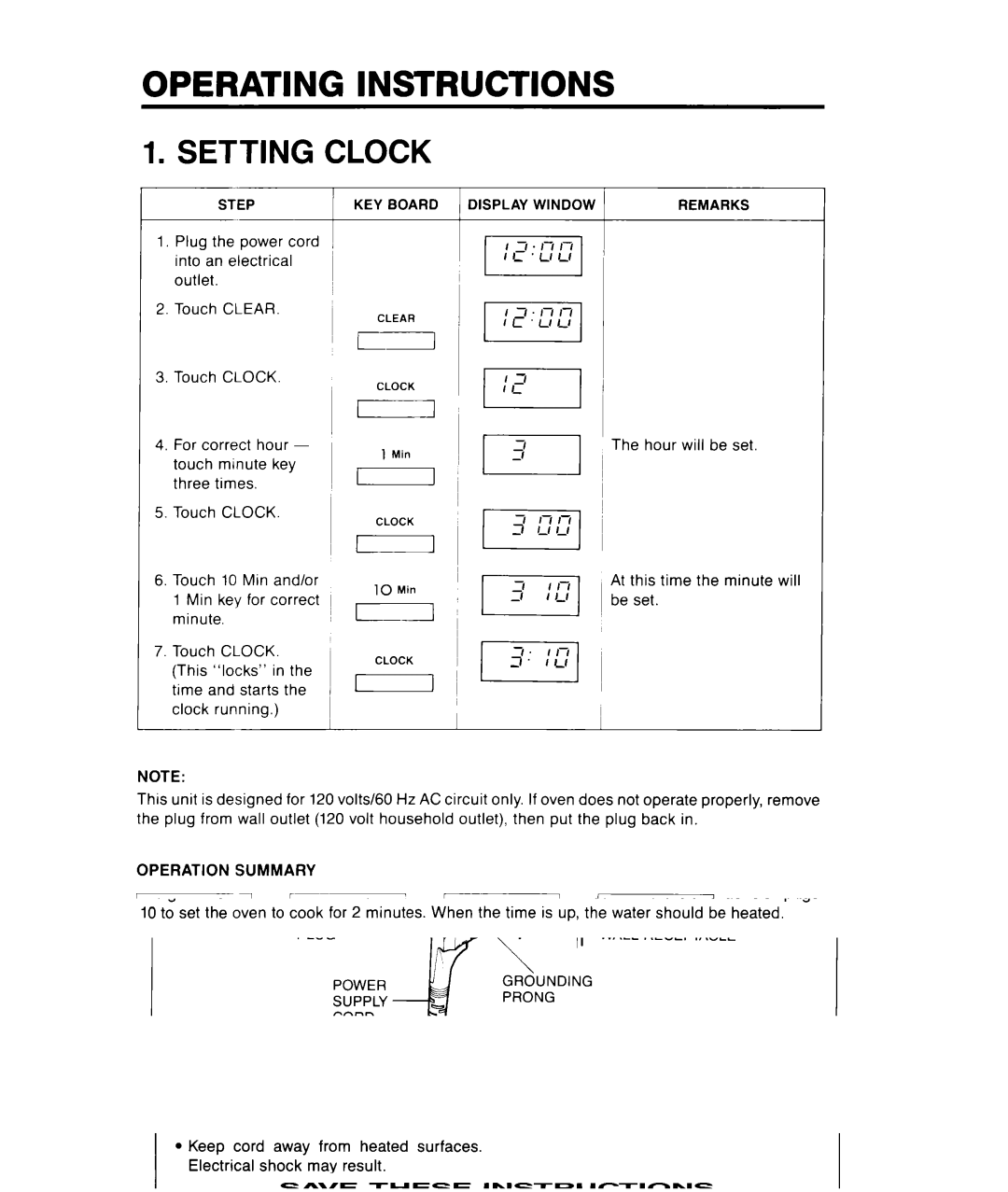 Whirlpool MCE04XW warranty Operating Instructions, Setting Clock, Operation Summary 