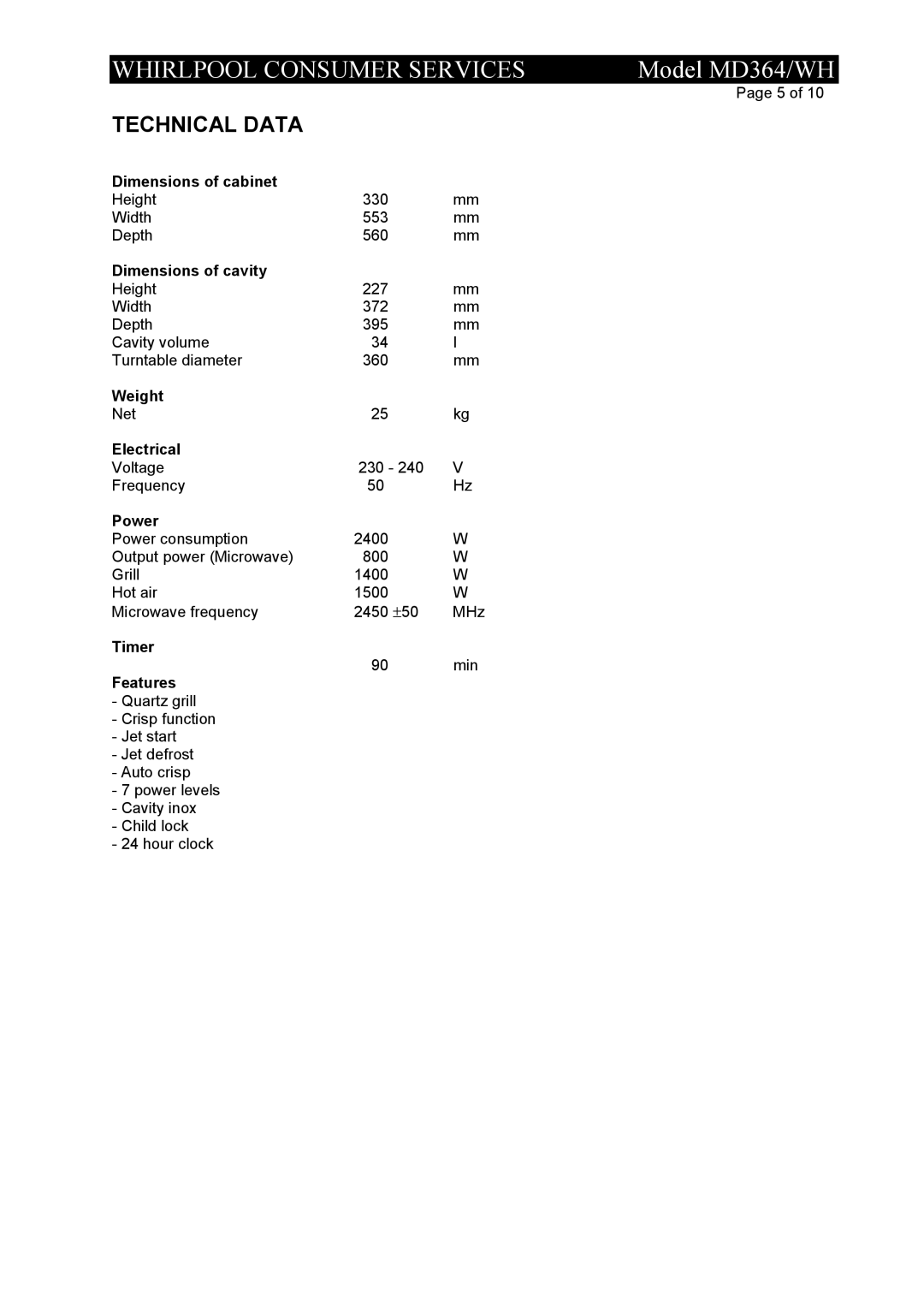 Whirlpool MD364/WH service manual Technical Data, Power 