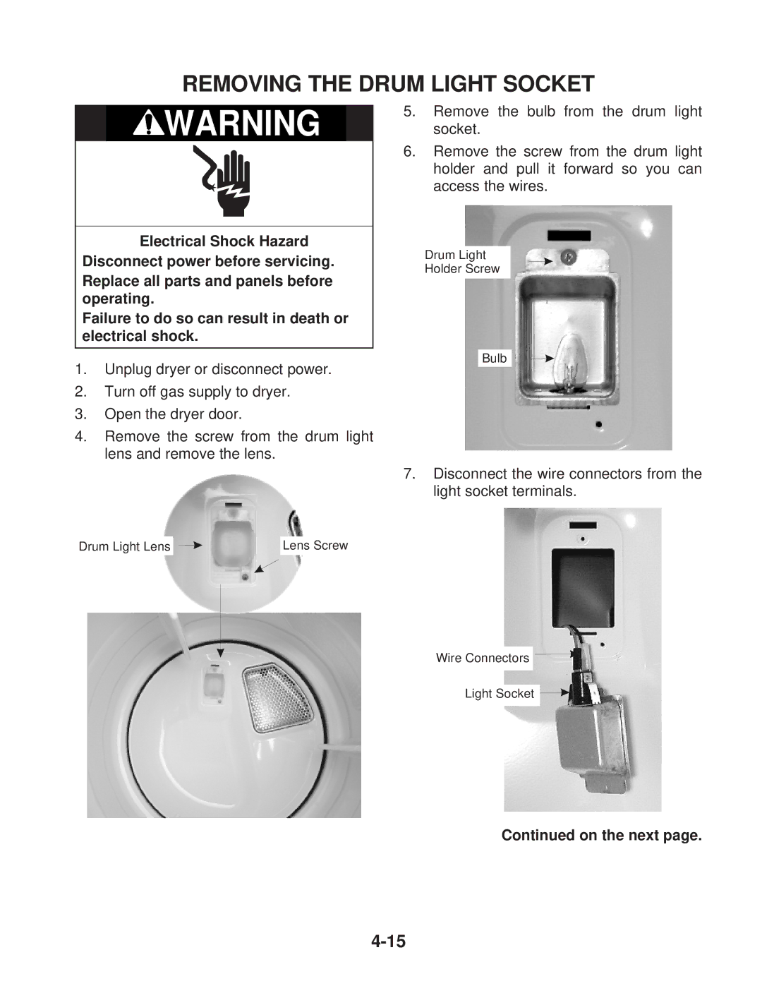 Whirlpool MED / GD 9600S, MED / GD 9700S manual Removing the Drum Light Socket 