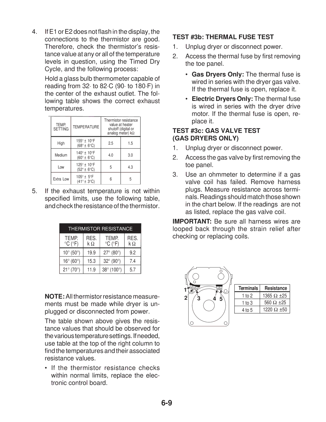 Whirlpool MED / GD 9600S, MED / GD 9700S manual Test #3b Thermal Fuse Test, Test #3c GAS Valve Test GAS Dryers only 