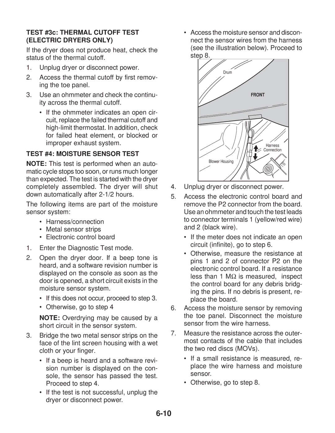 Whirlpool MED / GD 9700S, MED / GD 9600S Test #3c Thermal Cutoff Test Electric Dryers only, Test #4 Moisture Sensor Test 