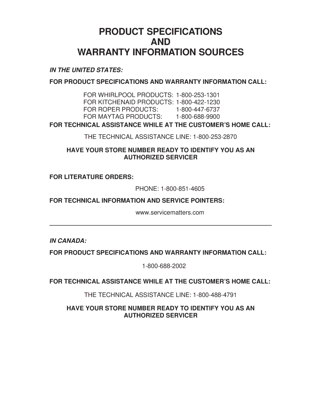 Whirlpool MED / GD 9600S, MED / GD 9700S manual Product Specifications Warranty Information Sources 