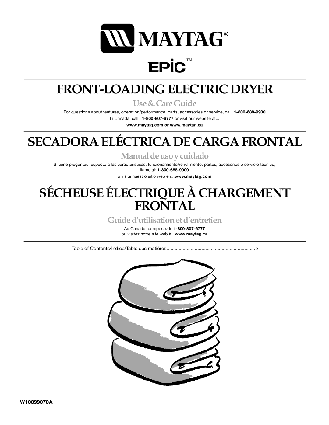 Whirlpool MED9600SQ0 manual W10099070A, Table of Contents/Índice/Table des matières 