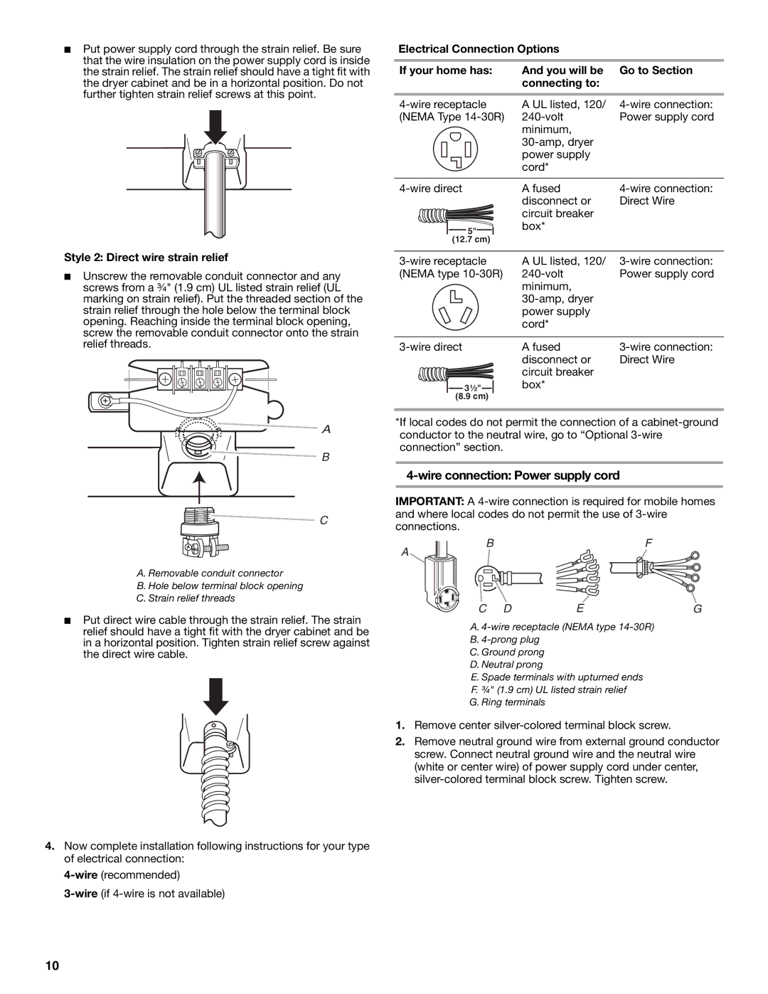 Whirlpool MED9600SQ0 manual Wire connection Power supply cord, Style 2 Direct wire strain relief 