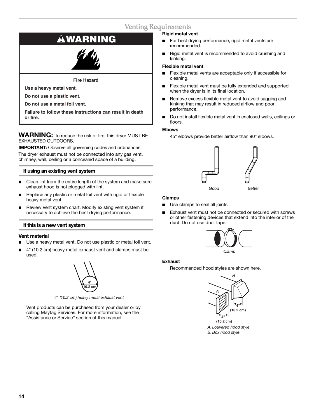 Whirlpool MED9600SQ0 Venting Requirements, If using an existing vent system, If this is a new vent system Vent material 