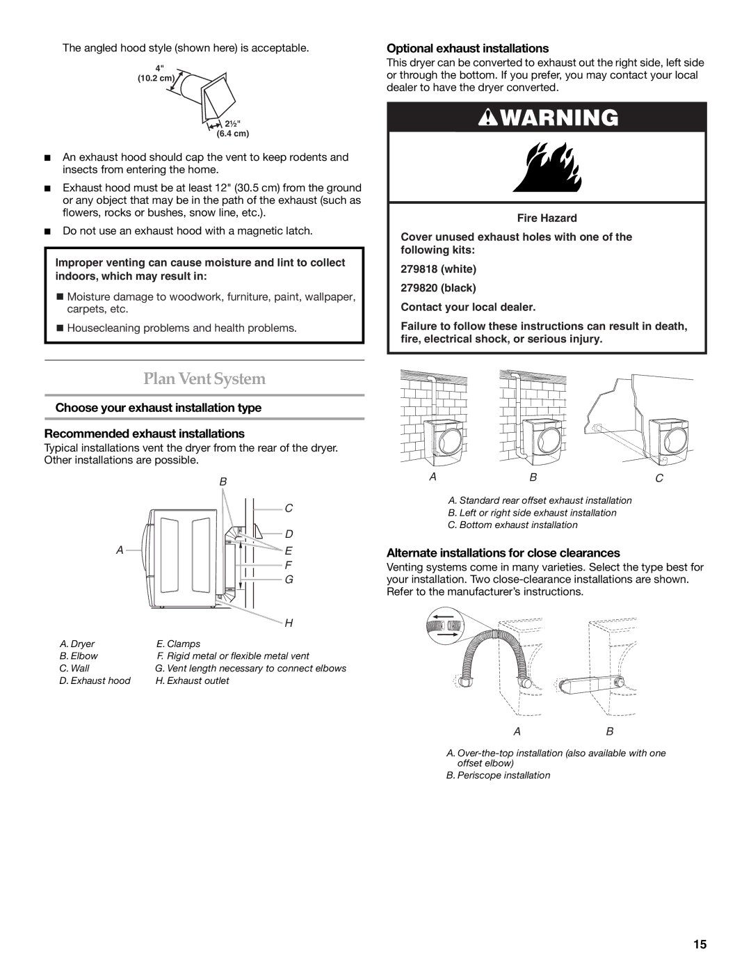 Whirlpool MED9600SQ0 manual PlanVent System, Optional exhaust installations, Alternate installations for close clearances 