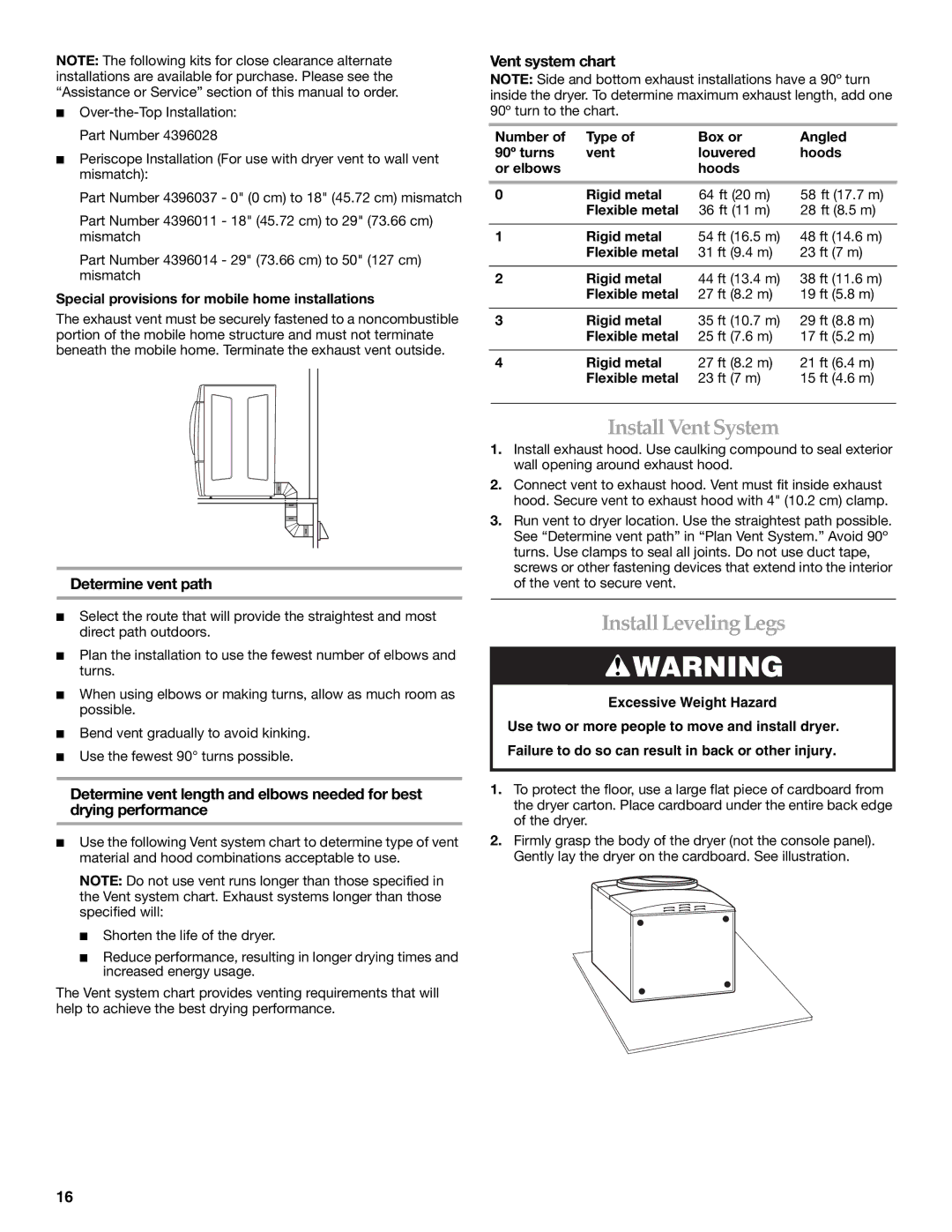 Whirlpool MED9600SQ0 manual InstallVent System, InstallLeveling Legs, Determine vent path, Vent system chart 