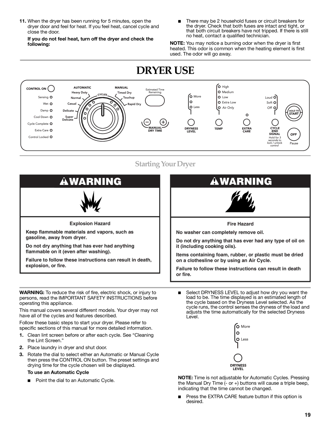 Whirlpool MED9600SQ0 manual Dryer USE, Starting Your Dryer, To use an Automatic Cycle 