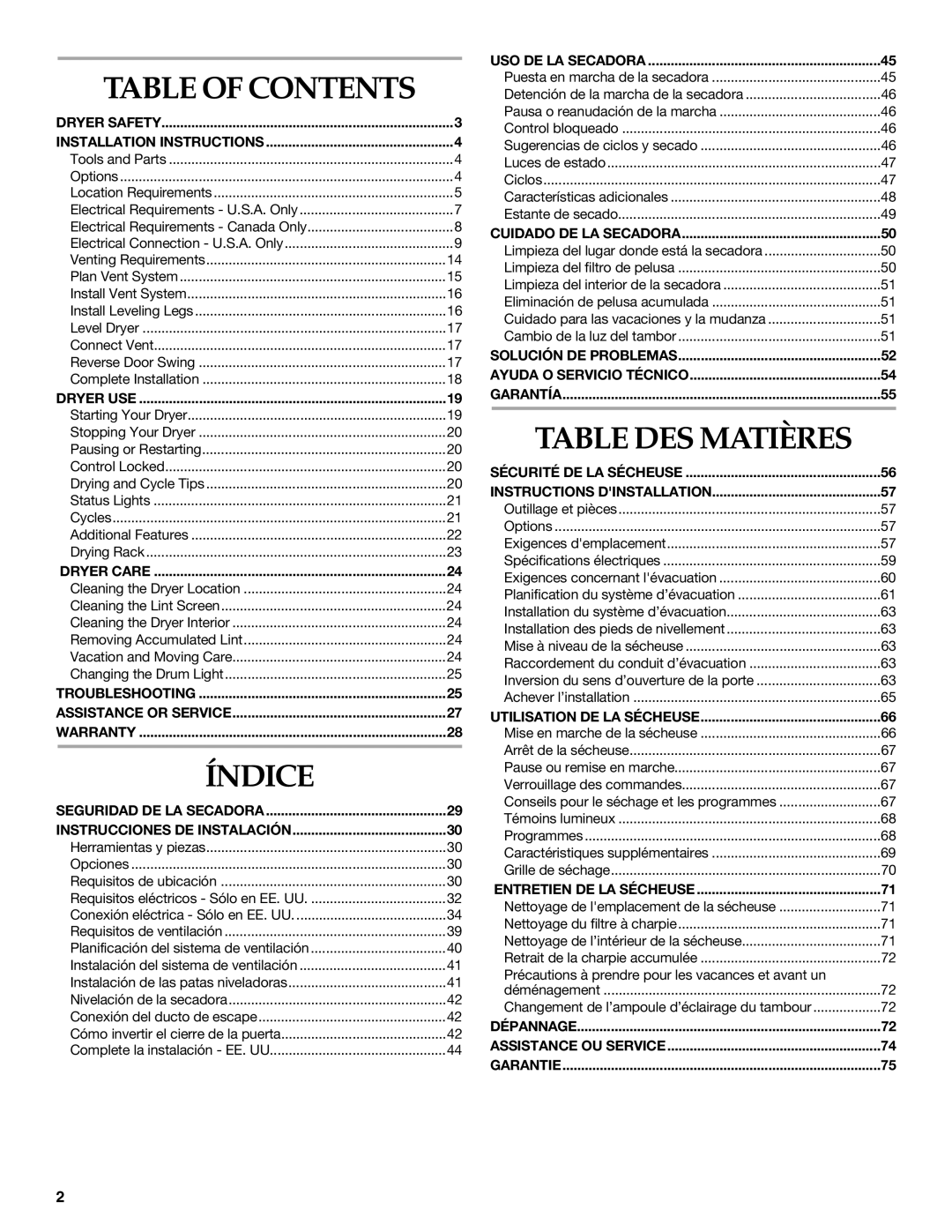 Whirlpool MED9600SQ0 manual Table DES Matières, Table of Contents 