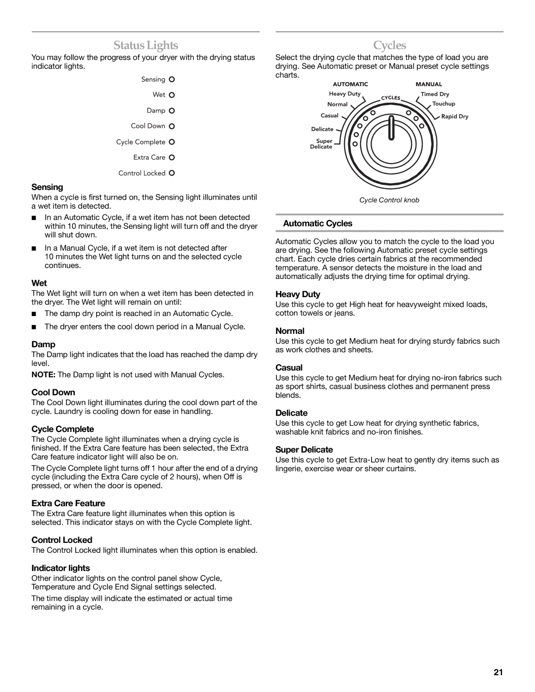 Whirlpool MED9600SQ0 manual StatusLights, Cycles 