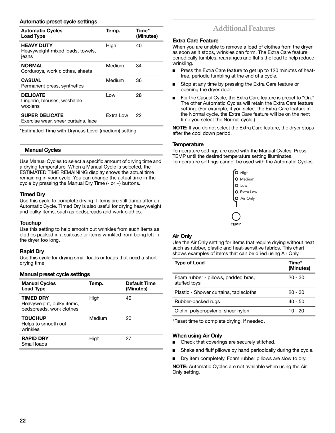 Whirlpool MED9600SQ0 manual Additional Features 