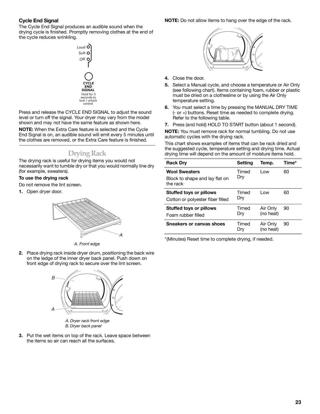 Whirlpool MED9600SQ0 manual DryingRack, Cycle End Signal 