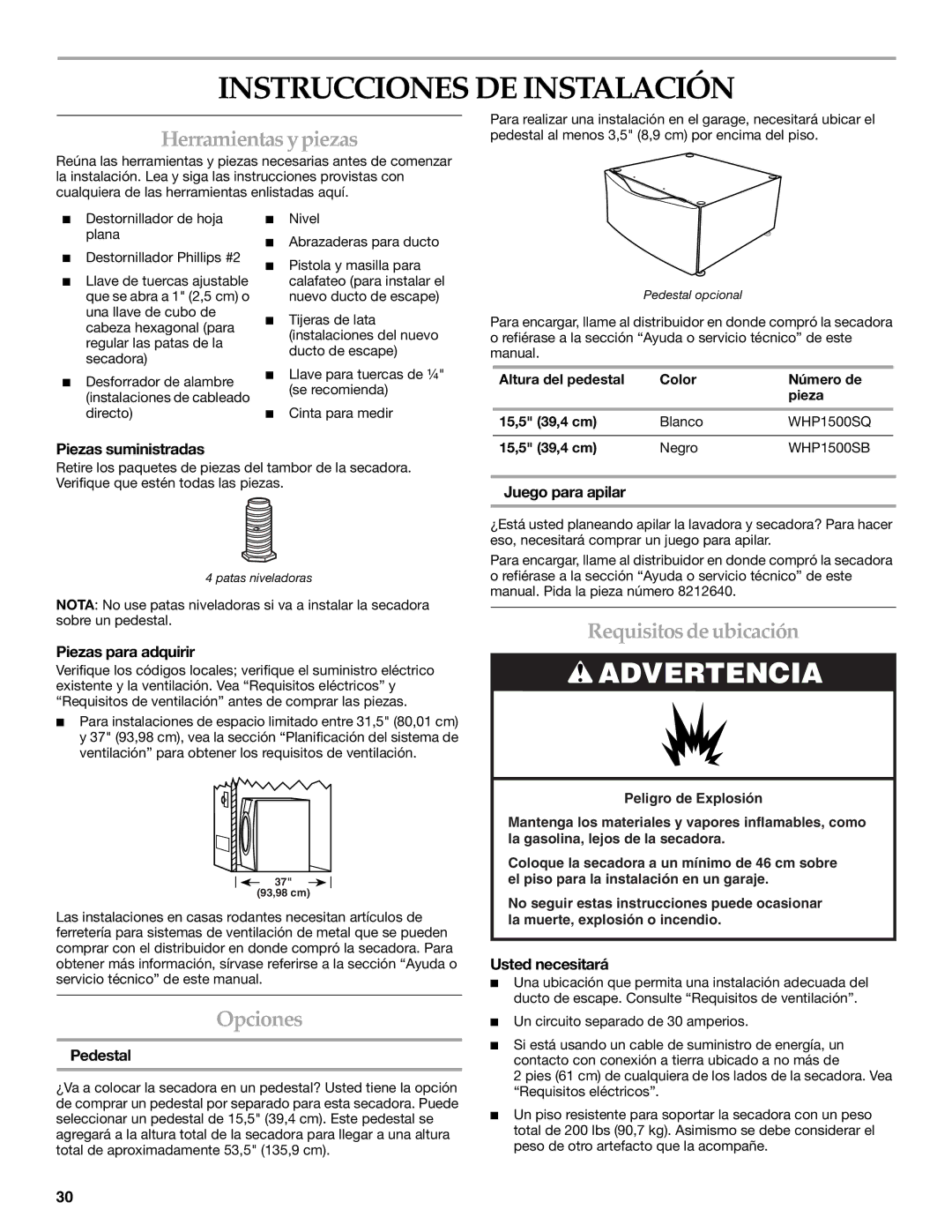 Whirlpool MED9600SQ0 manual Instrucciones DE Instalación, Herramientas ypiezas, Opciones, Requisitosdeubicación 