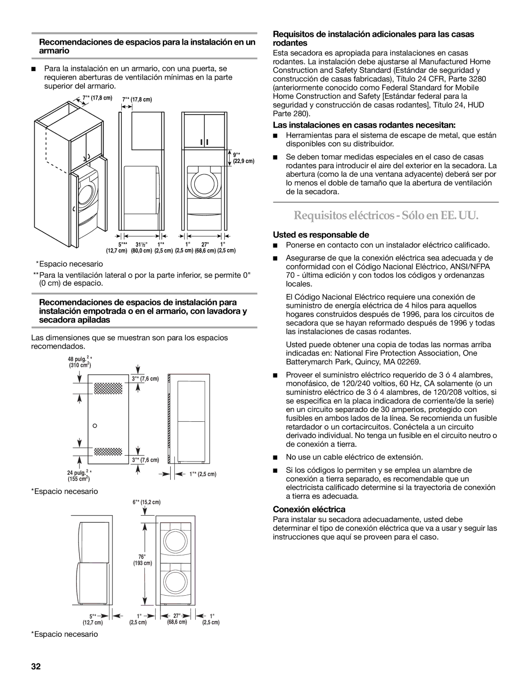 Whirlpool MED9600SQ0 manual Requisitoseléctricos- Sólo en EE.UU, Las instalaciones en casas rodantes necesitan 