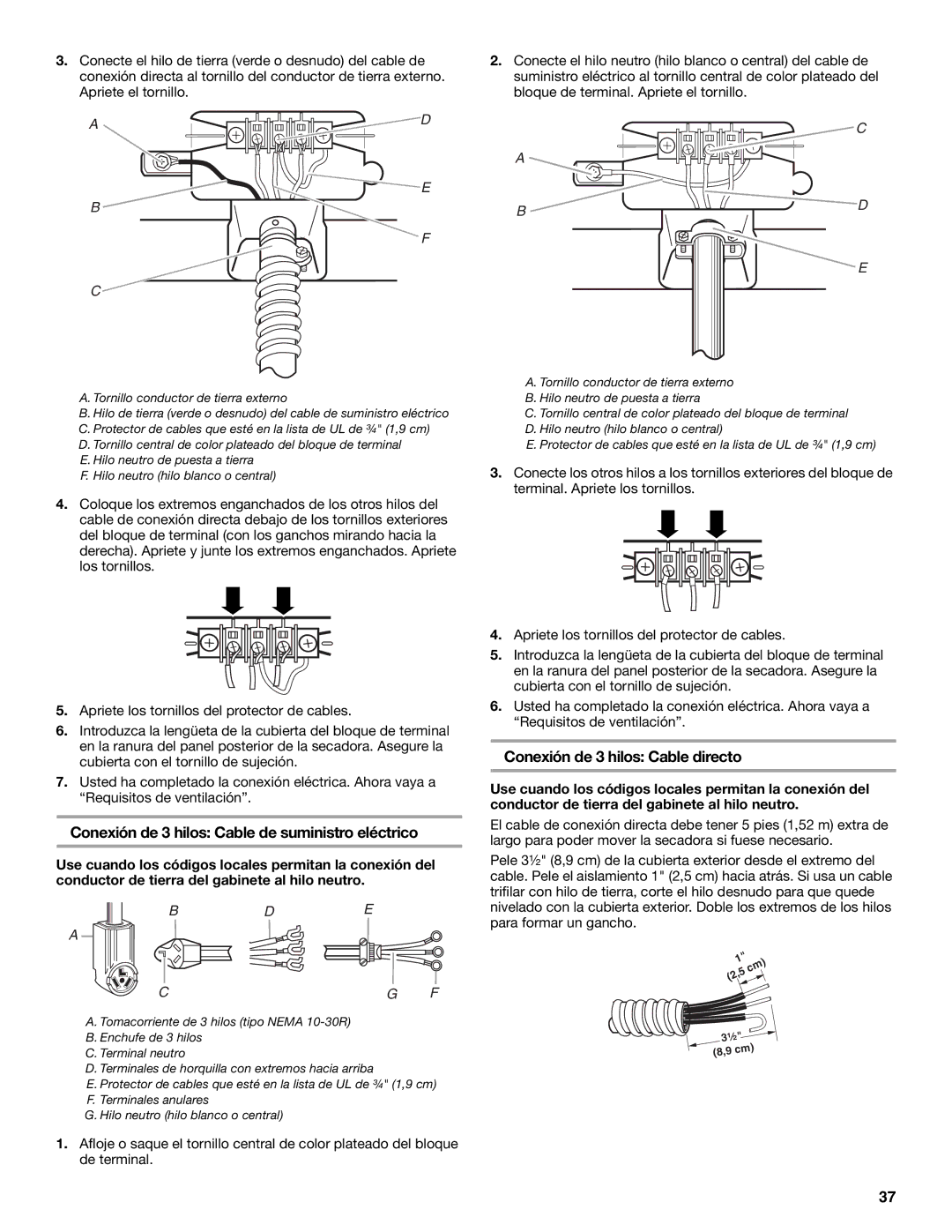 Whirlpool MED9600SQ0 manual Conexión de 3 hilos Cable de suministro eléctrico, Conexión de 3 hilos Cable directo 