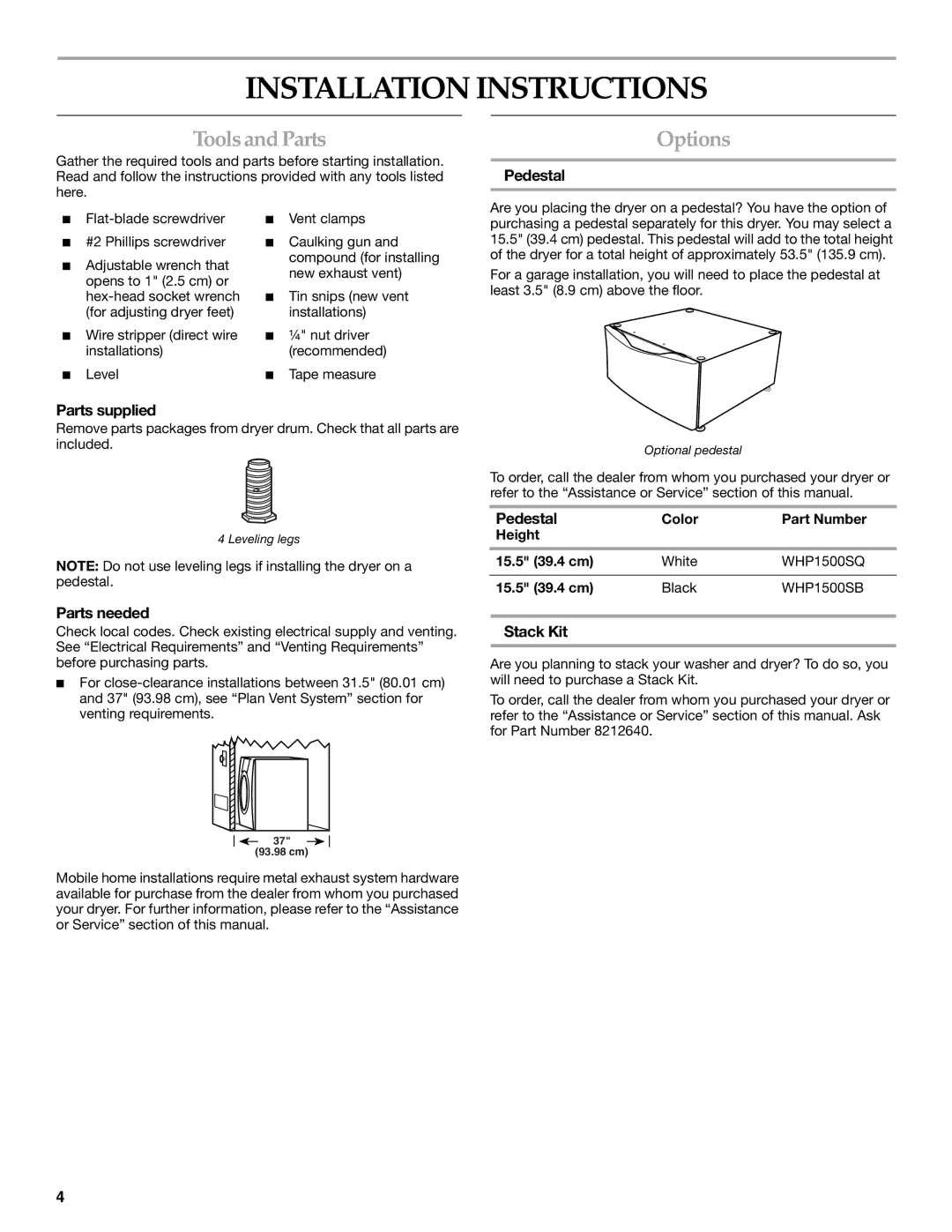 Whirlpool MED9600SQ0 manual Installation Instructions, Toolsand Parts, Options 