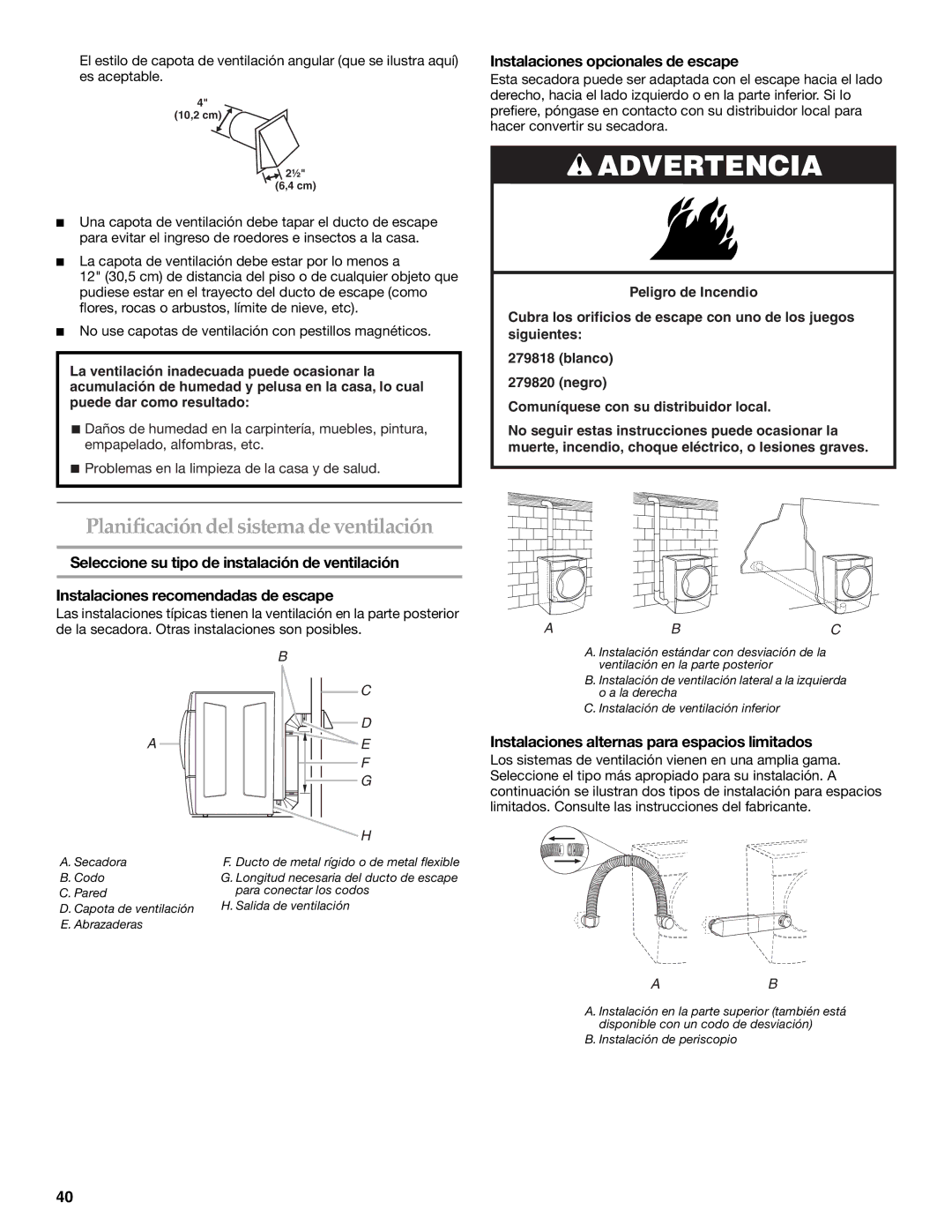 Whirlpool MED9600SQ0 manual Planificación delsistema deventilación, Instalaciones opcionales de escape 