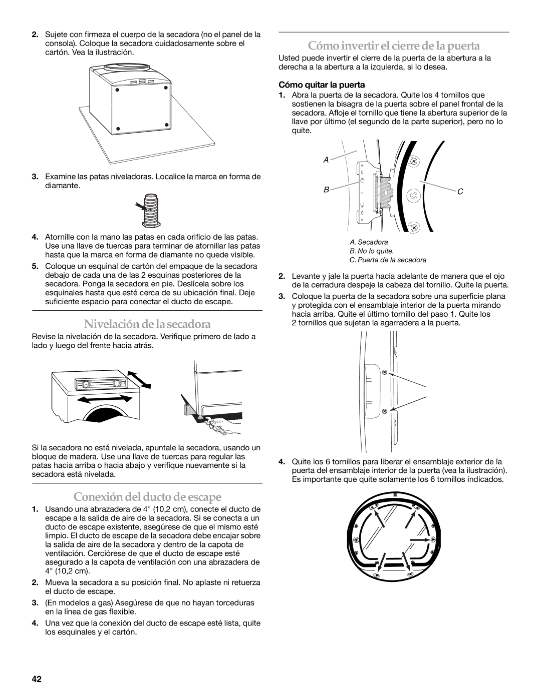 Whirlpool MED9600SQ0 manual Cómo invertirelcierre de la puerta, Nivelación de la secadora, Conexión del ducto de escape 