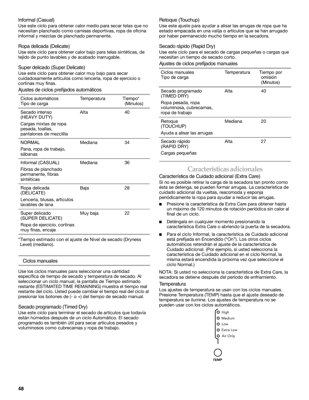 Whirlpool MED9600SQ0 manual Característicasadicionales 