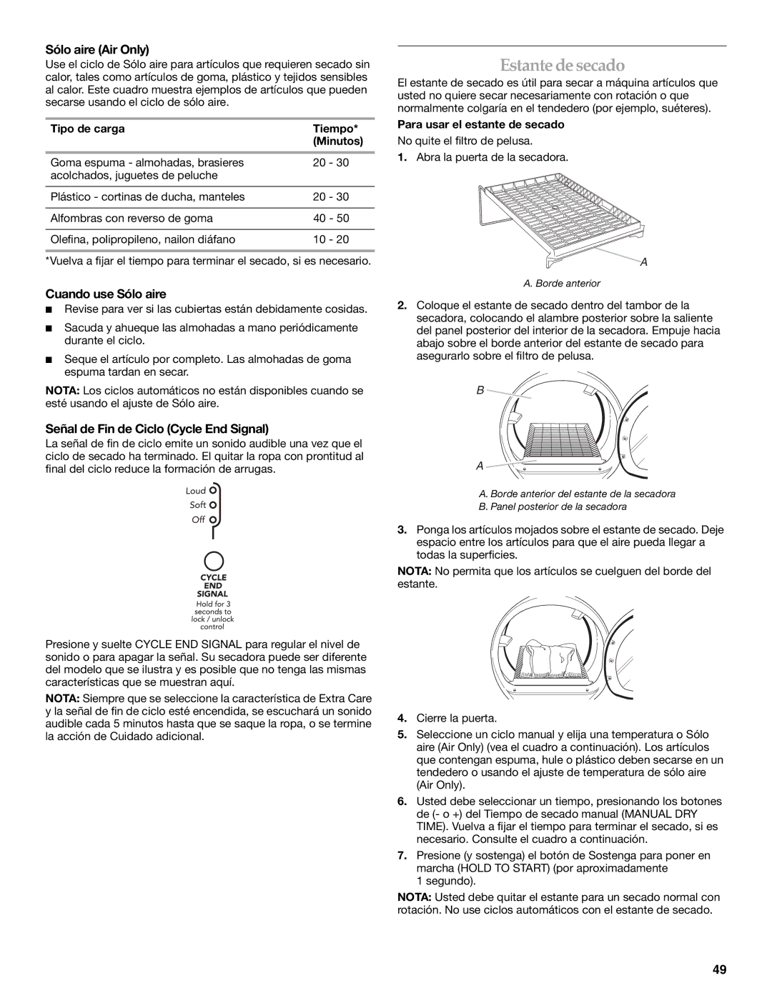 Whirlpool MED9600SQ0 Estantedesecado, Sólo aire Air Only, Cuando use Sólo aire, Señal de Fin de Ciclo Cycle End Signal 