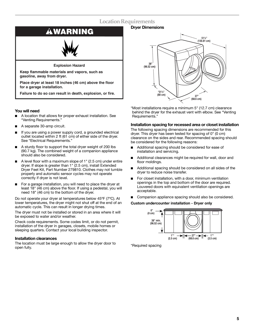 Whirlpool MED9600SQ0 manual Location Requirements, You will need, Installation clearances, Dryer Dimensions 