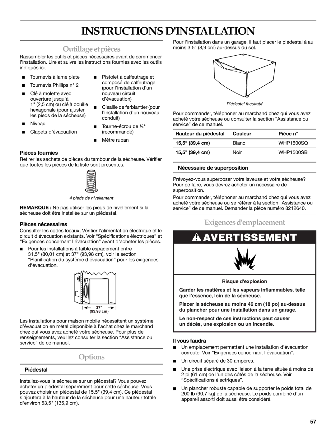 Whirlpool MED9600SQ0 manual Instructions Dinstallation, Outillageetpièces, Exigences demplacement 