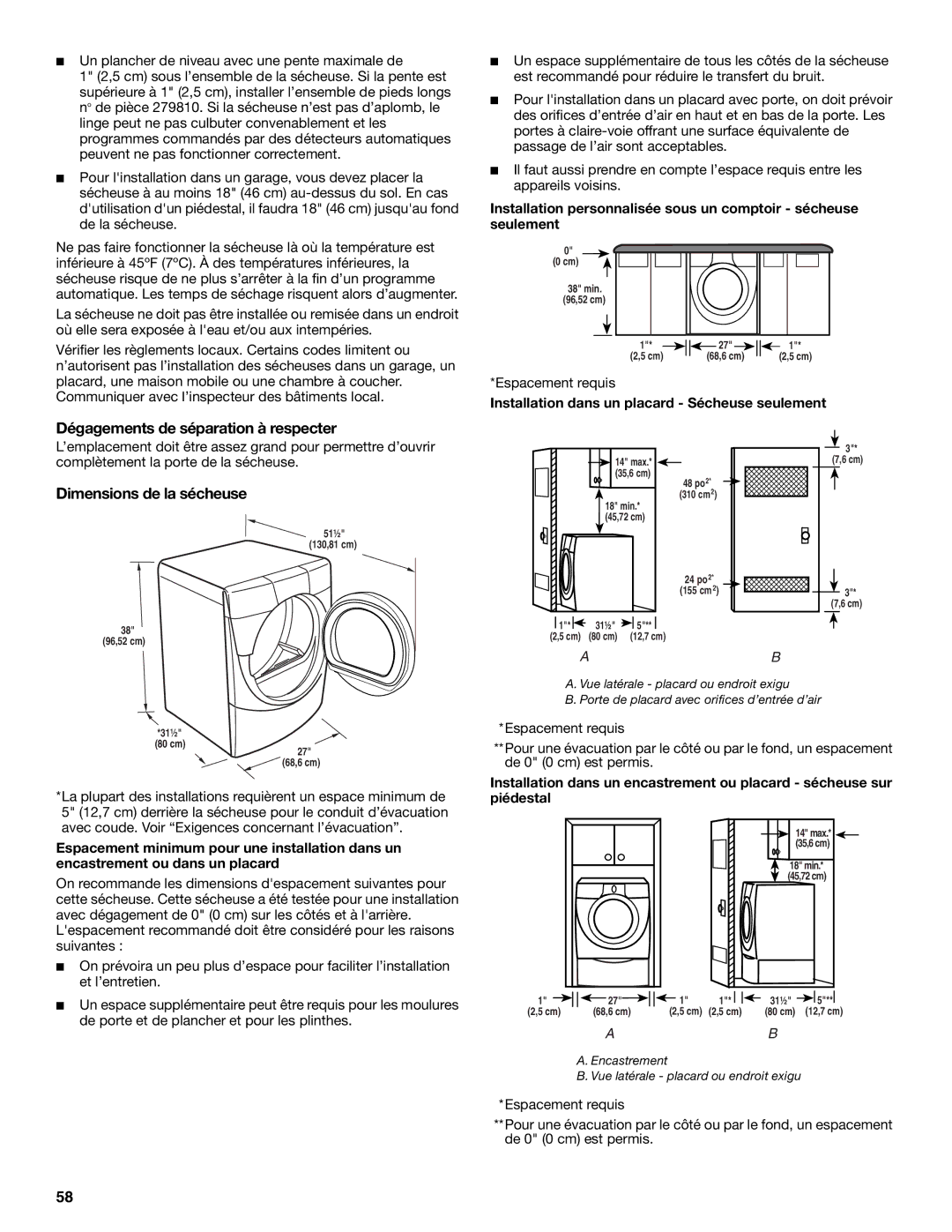 Whirlpool MED9600SQ0 manual Dégagements de séparation à respecter, Dimensions de la sécheuse, Espacement requis 