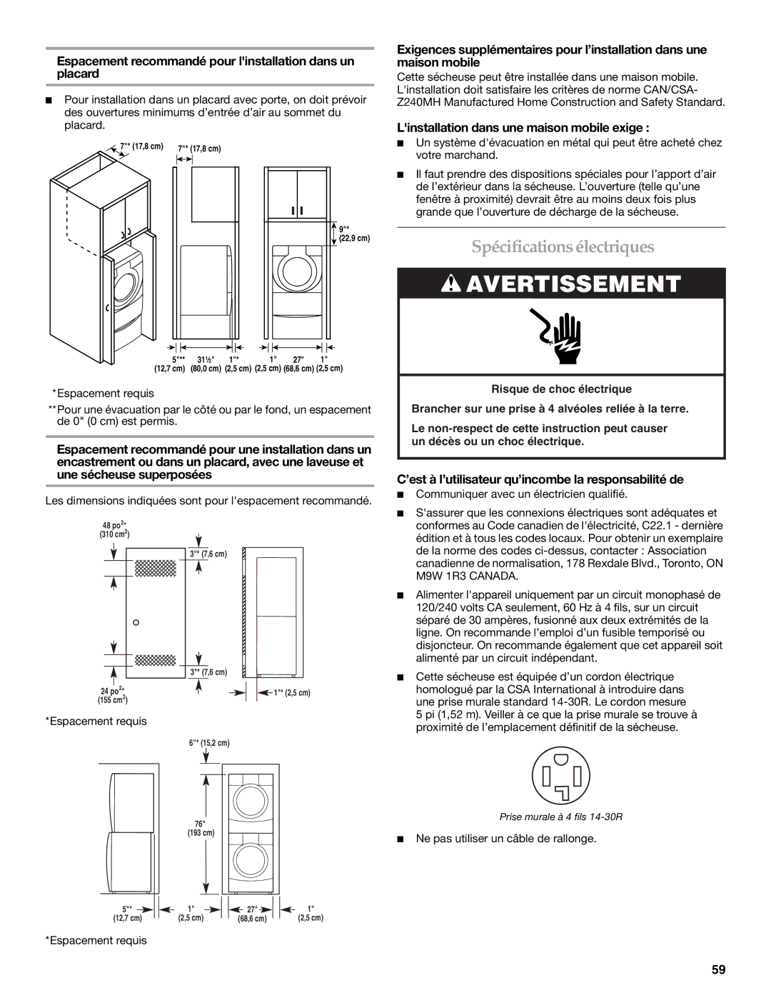 Whirlpool MED9600SQ0 manual Spécificationsélectriques, Espacement recommandé pour linstallation dans un placard 