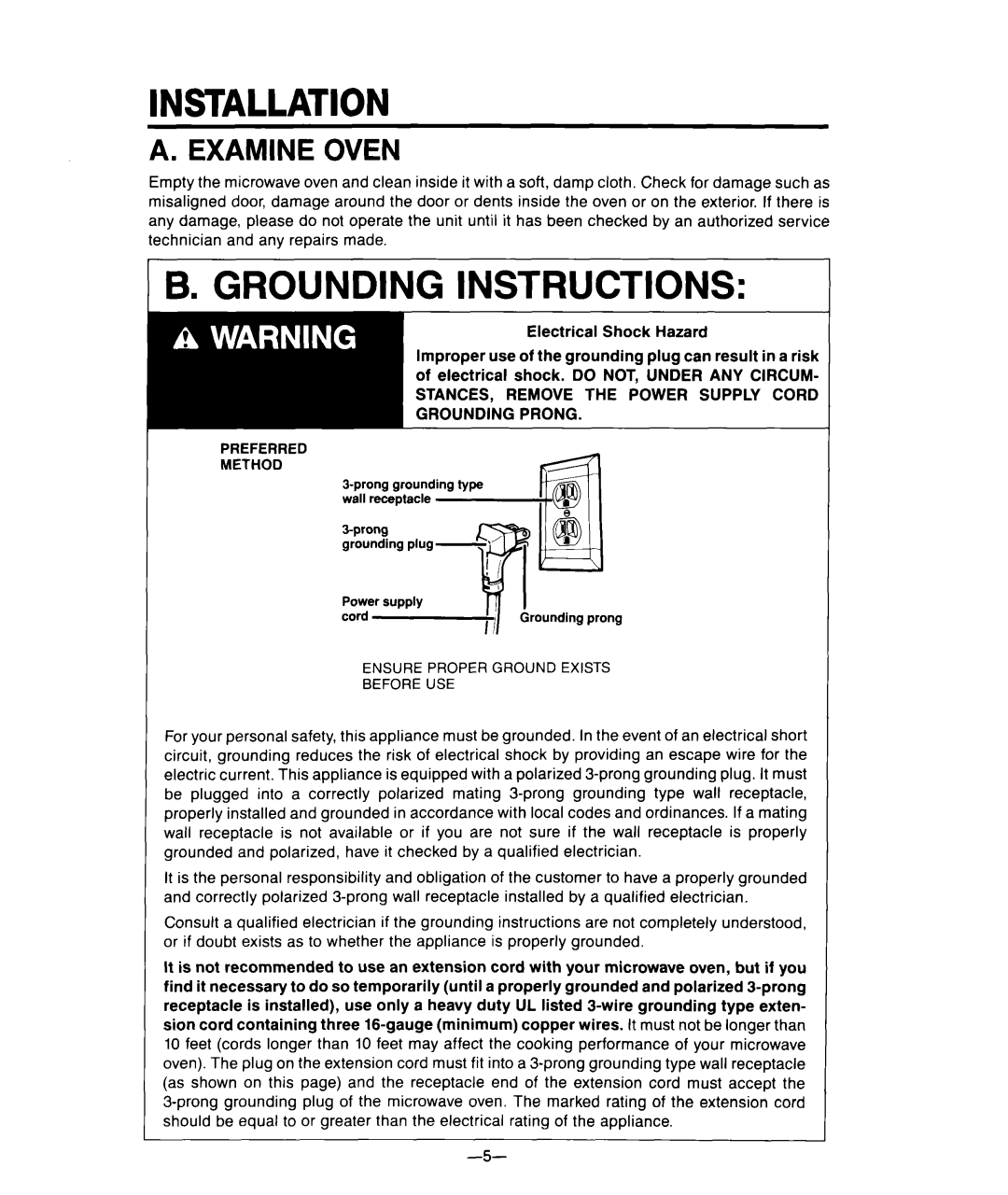 Whirlpool MFE14XW warranty Installation, Grounding Instructions, A. Examine Oven 
