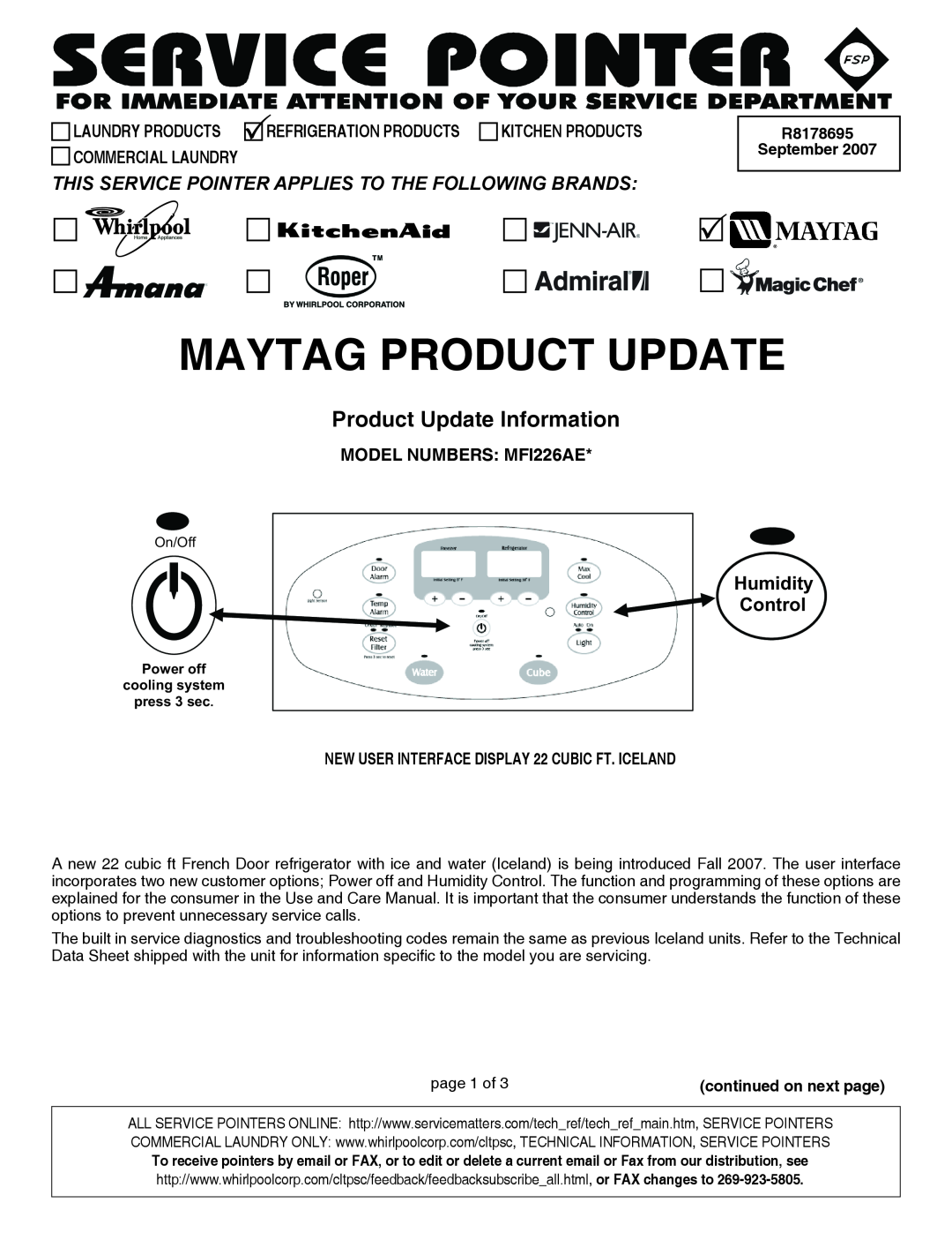 Whirlpool MFI226AE manual Humidity Control, R8178695 September, continued on next page, Maytag Product Update 