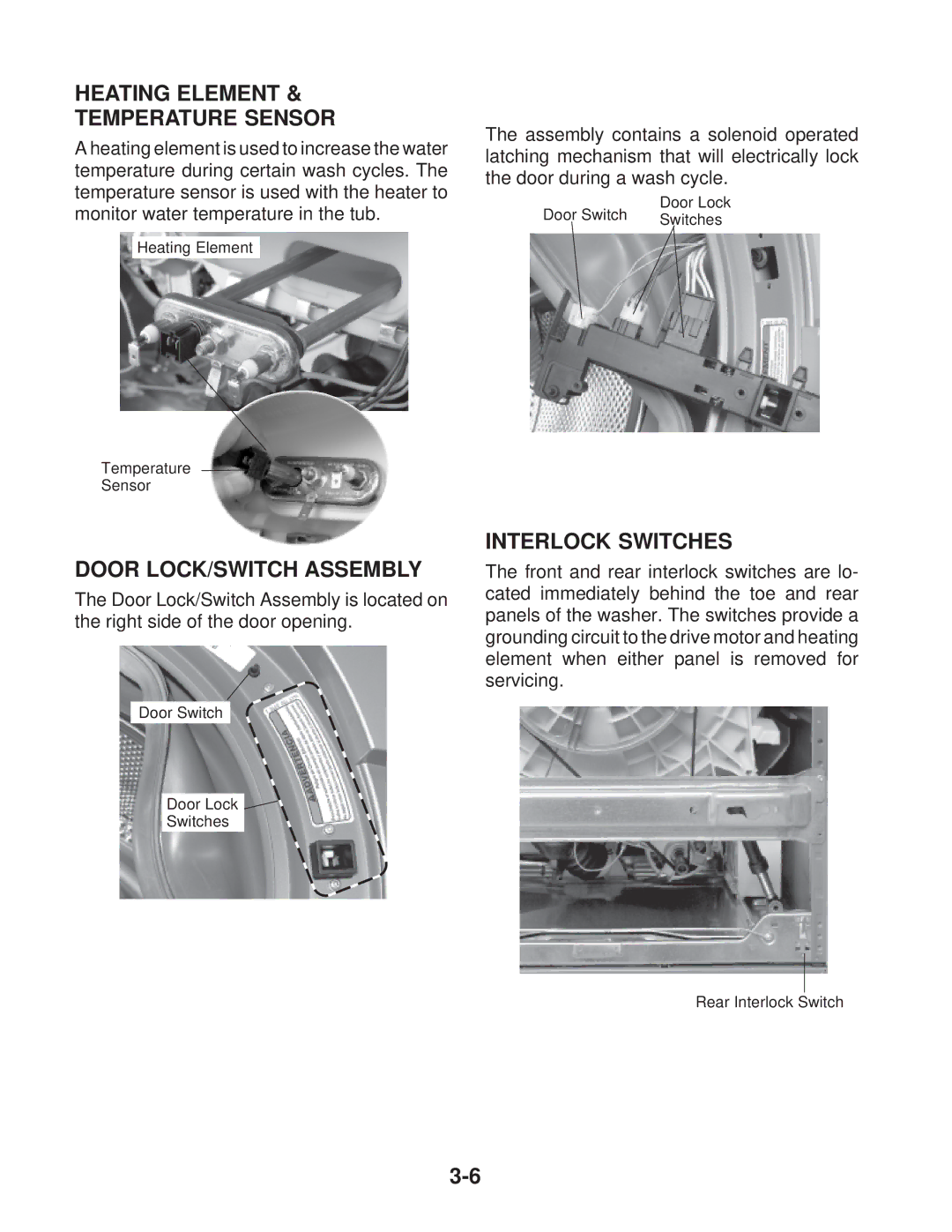 Whirlpool MFW 9600S, MFW 9700S manual Heating Element Temperature Sensor, Door LOCK/SWITCH Assembly, Interlock Switches 