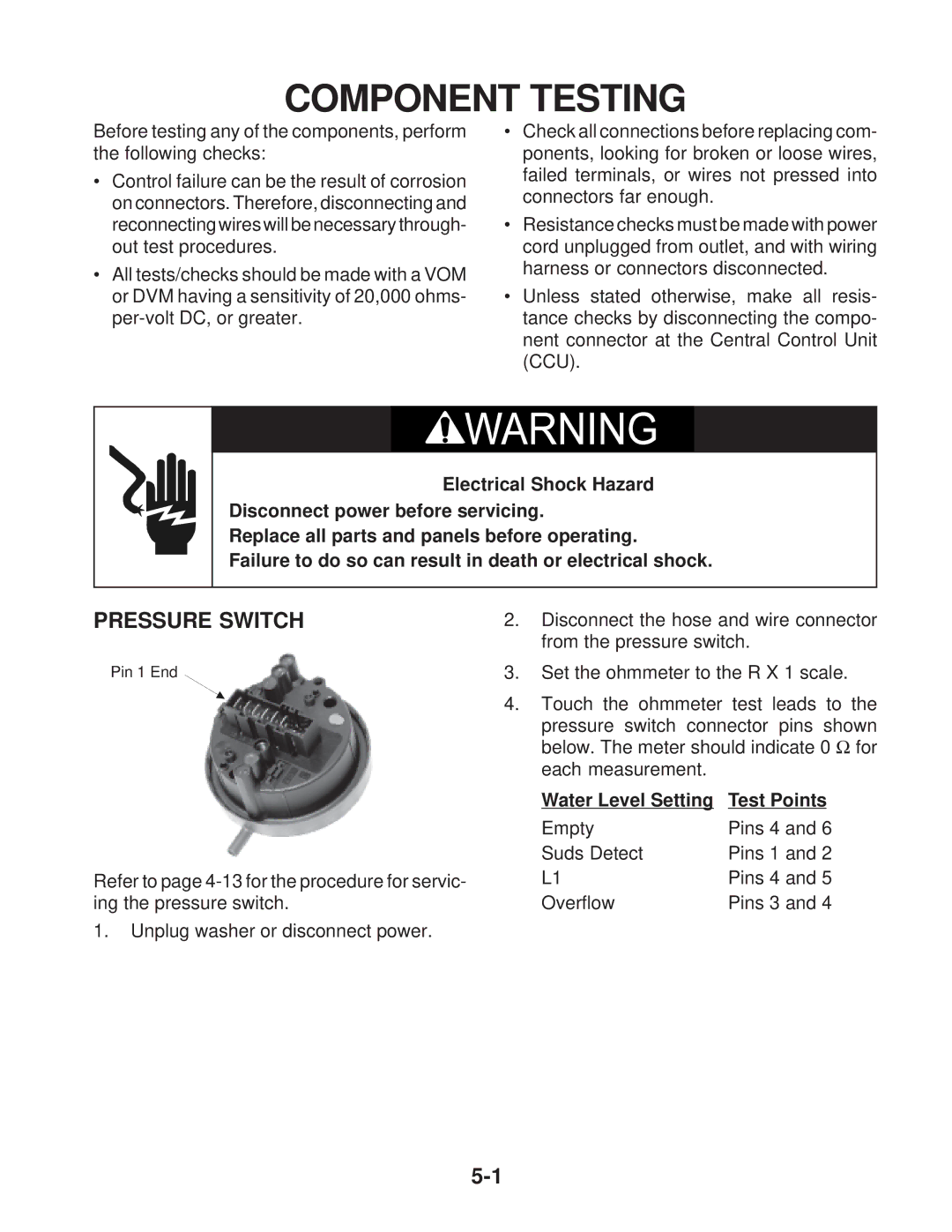 Whirlpool MFW 9600S, MFW 9700S manual Component Testing, Water Level Setting Test Points 