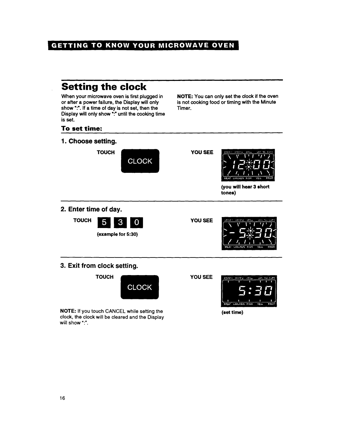 Whirlpool MG207OXAQ, MG207OXAB, MG3090XAB, MG3090XAQ warranty Setting the clock, To set time, You will hear 3 short tones 