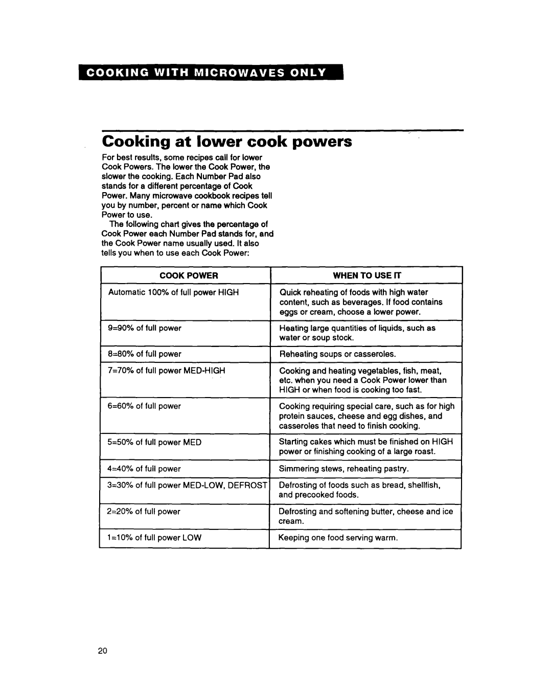 Whirlpool MG207OXAQ, MG207OXAB, MG3090XAB, MG3090XAQ warranty Cooking at lower cook powers, Cook Power 