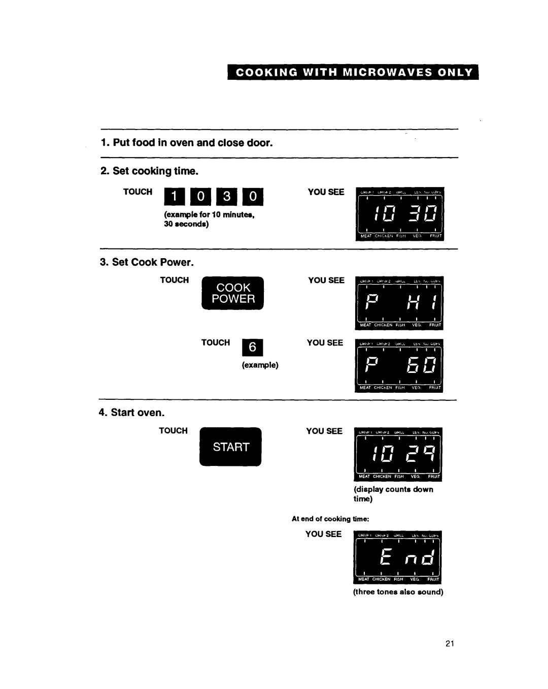 Whirlpool MG207OXAB, MG207OXAQ, MG3090XAB warranty Example for 10 minutes Seconds, Touch q Example Display counts down time 