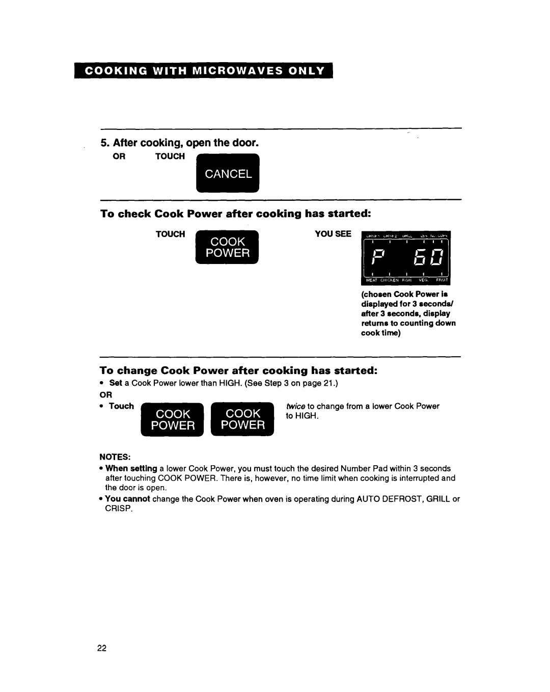 Whirlpool MG3090XAB warranty To check Cook Power after cooking has started, To change Cook Power after cooking has started 