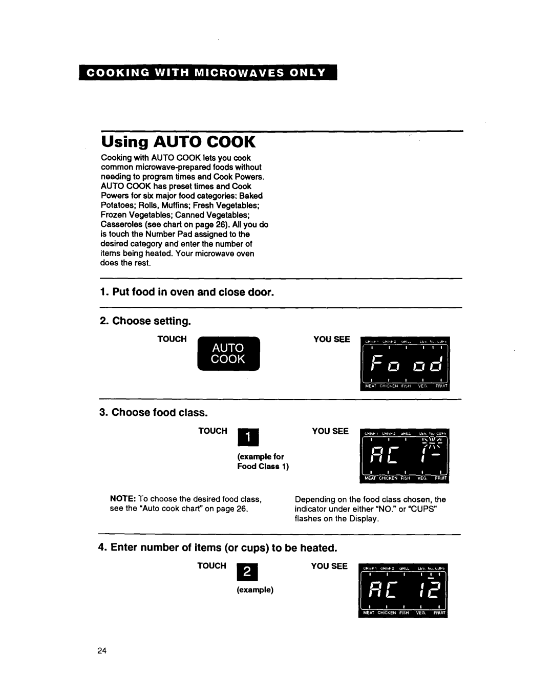 Whirlpool MG207OXAQ, MG207OXAB, MG3090XAB, MG3090XAQ warranty Using Auto Cook, Touch q 