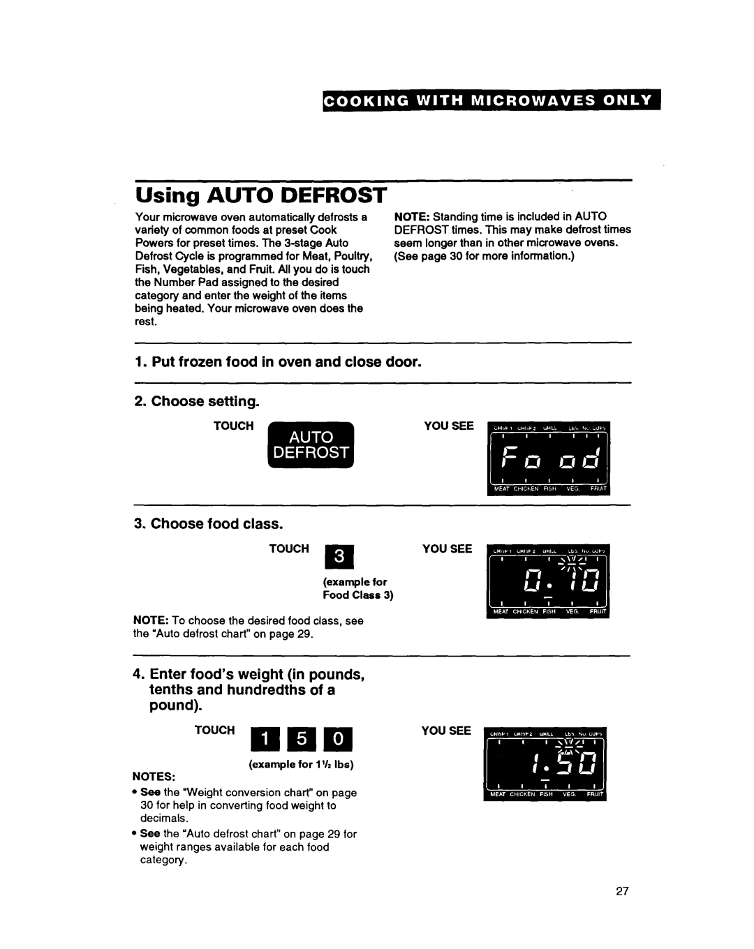 Whirlpool MG3090XAQ, MG207OXAQ, MG207OXAB, MG3090XAB warranty Using Auto Defrost 