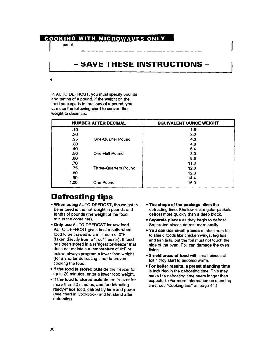 Whirlpool MG3090XAB, MG207OXAQ warranty Defrosting tips, Weight conversion chart, For better results, a preset standing time 