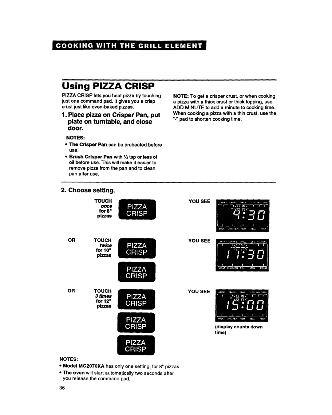 Whirlpool MG207OXAQ, MG207OXAB, MG3090XAB, MG3090XAQ warranty Using PlZZA Crisp 