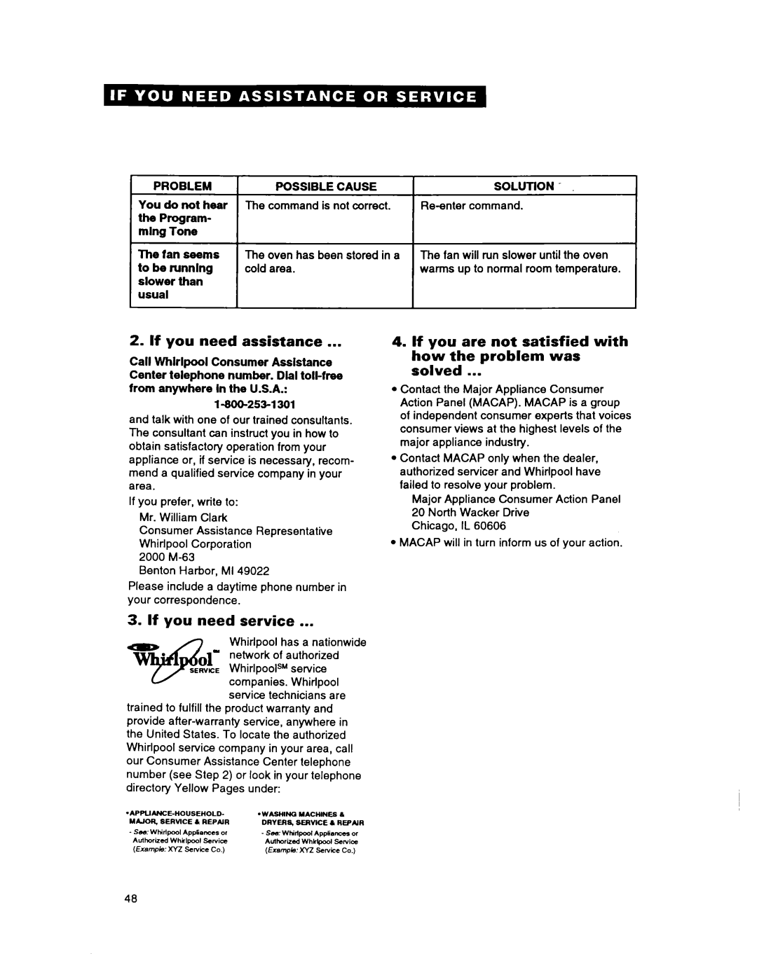 Whirlpool MG207OXAQ If you need assistance, If you need service, If you are not satisfied with how the problem was solved 