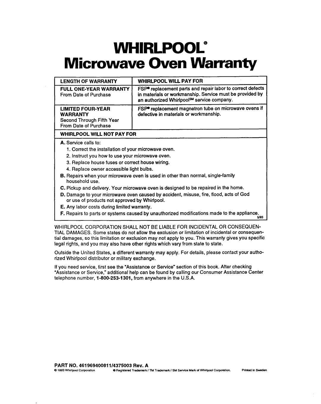 Whirlpool MG207OXAB, MG207OXAQ, MG3090XAB, MG3090XAQ warranty LlMlTED FOUR-YEAR, Part no /4375003 Rev. a 