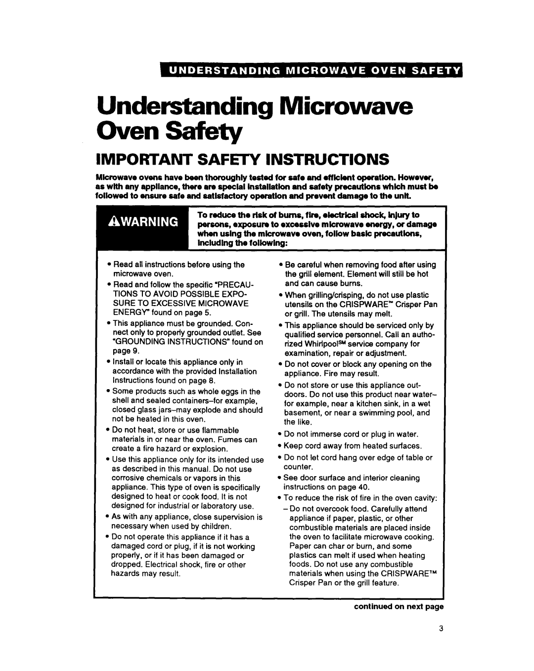 Whirlpool MG3090XAQ, MG207OXAQ Understanding Microwave Oven Safety, Important Safety Instructions, continued on next page 