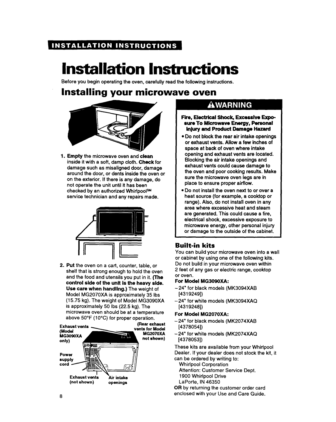 Whirlpool MG207OXAQ, MG207OXAB, MG3090XAB, MG3090XAQ Installation Instructions, Installing your microwave oven, Built-inkits 