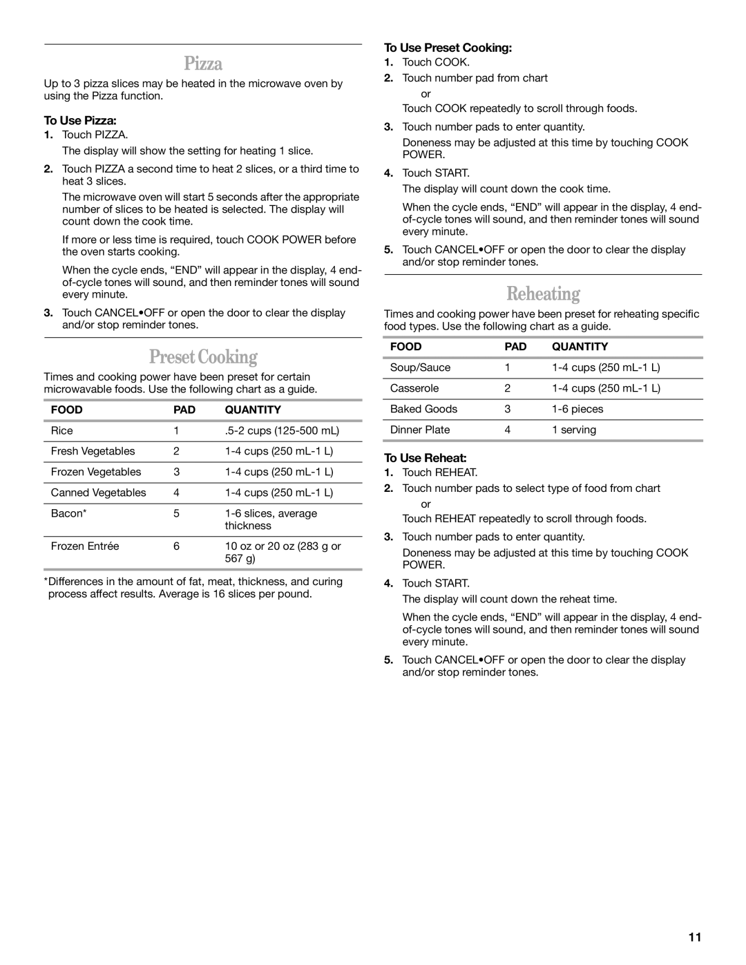 Whirlpool MH1140XM manual Pizza, Preset Cooking, Reheating 