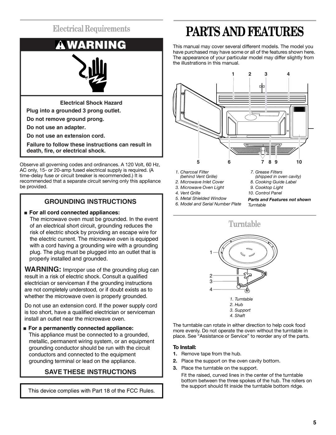 Whirlpool MH1140XM manual Parts and Features, Electrical Requirements, Turntable, To Install 