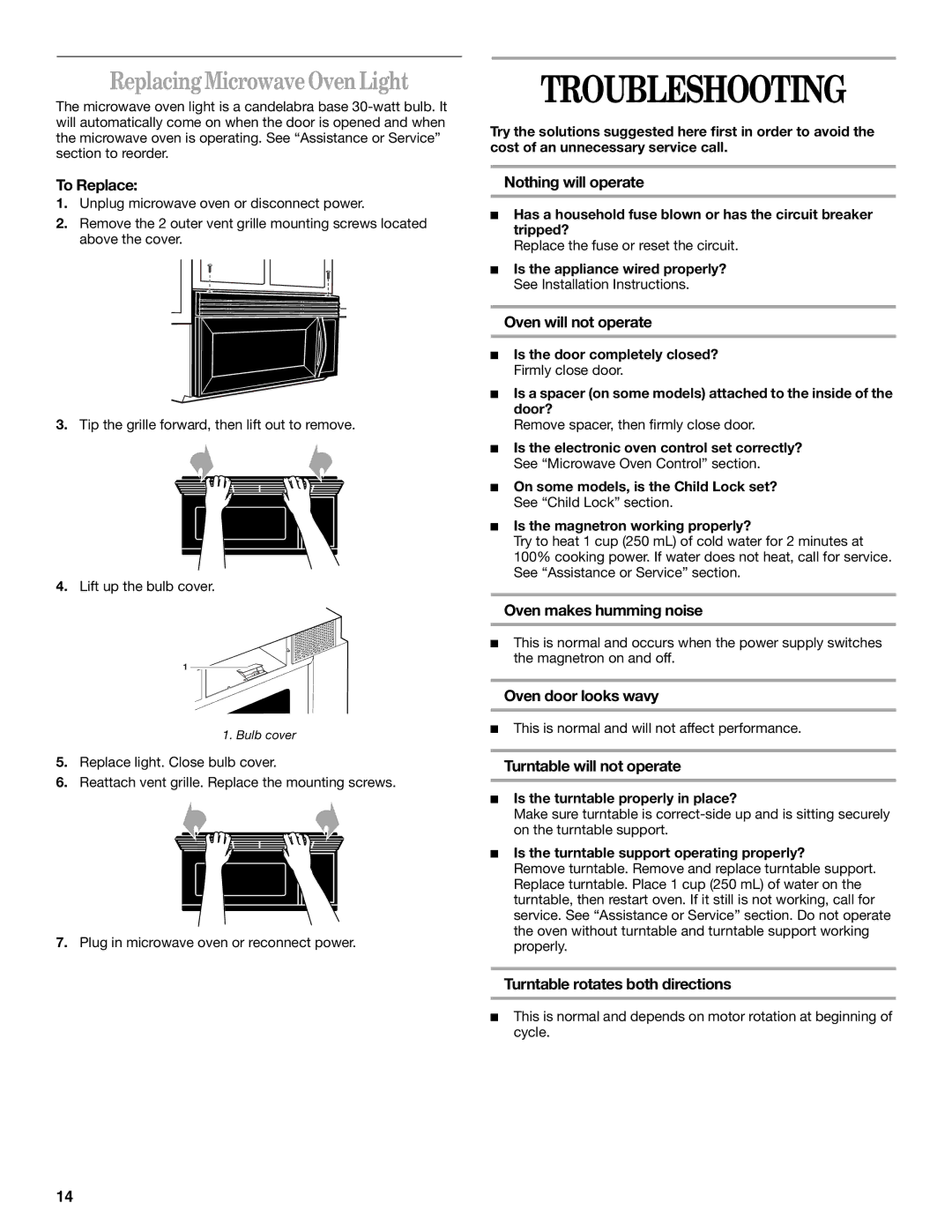 Whirlpool MH1141XM manual Troubleshooting, Replacing Microwave Oven Light 