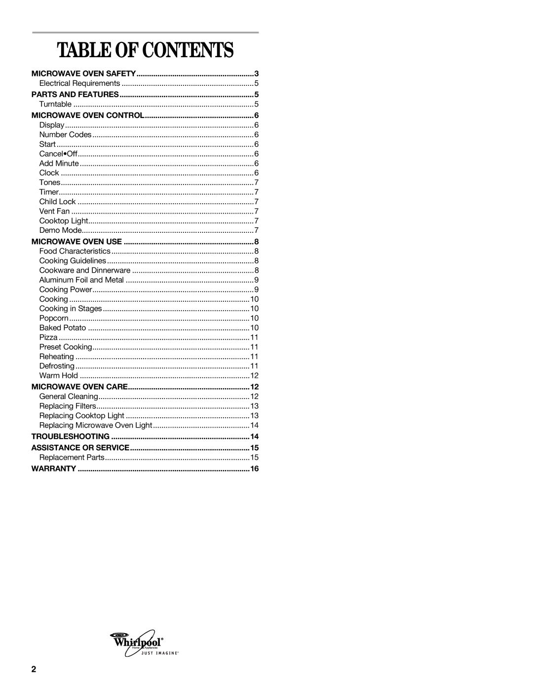 Whirlpool MH1141XM manual Table of Contents 